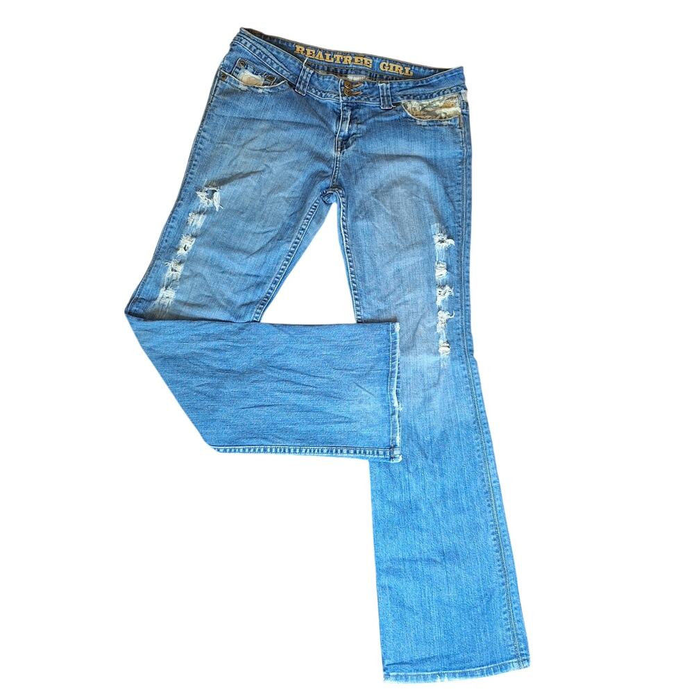 Realtree Girl Womens Distressed Bootcut Jeans Camo Pocket Trim Y2K - Size 12/14